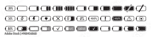 Mobile battery doodle Hand drawn set. Collection pen ink pencil drawing sketches connection indicator isolated. low or high energy charge