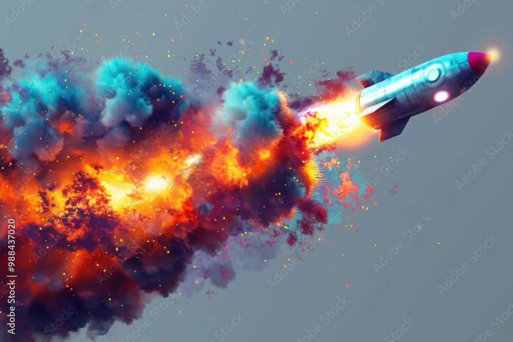 Fototapeta premium A blue and red rocket soaring through the sky, with smoke trail behind