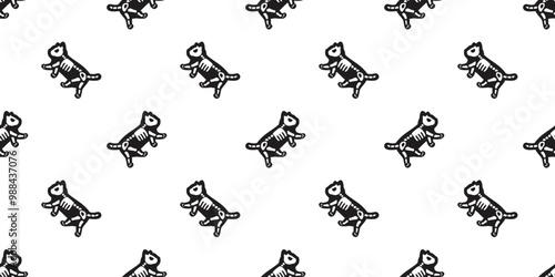 cat seamless pattern halloween skeleton skull bone cartoon black kitten calico walking doodle pet tile background gift wrapping paper repeat wallpaper scarf isolated illustration