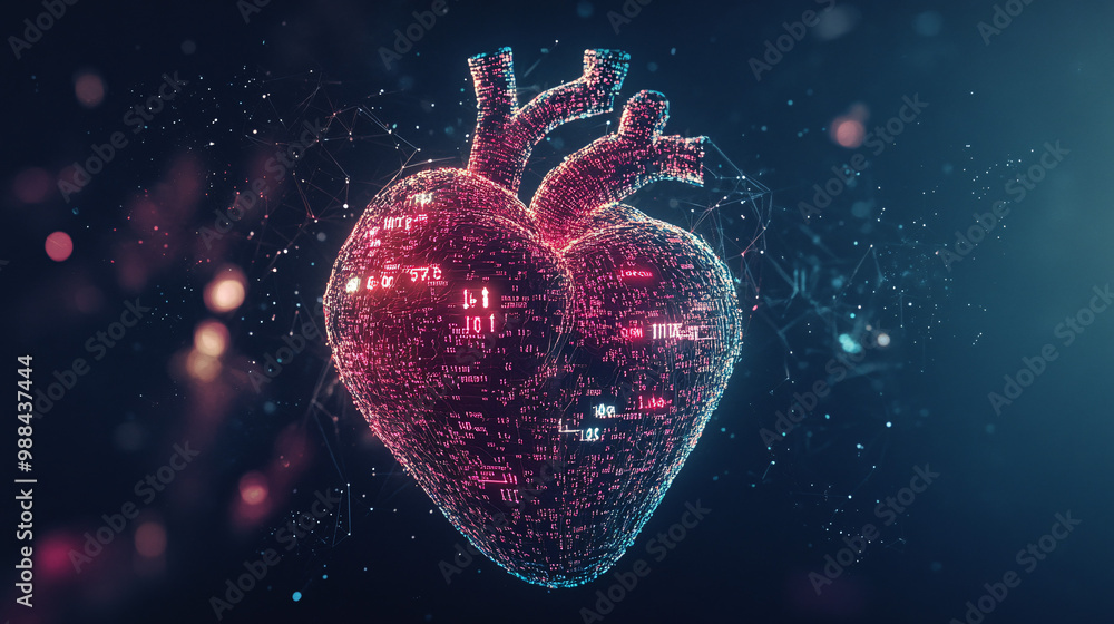 Heart. Human heart surrounded by floating digital code. Dark background. Love in the digital age. Ethical issues in emotional AI. Heart. Human heart surrounded by floating digital code. Dark background. Love in the digital age. Ethical issues in emotional AI.