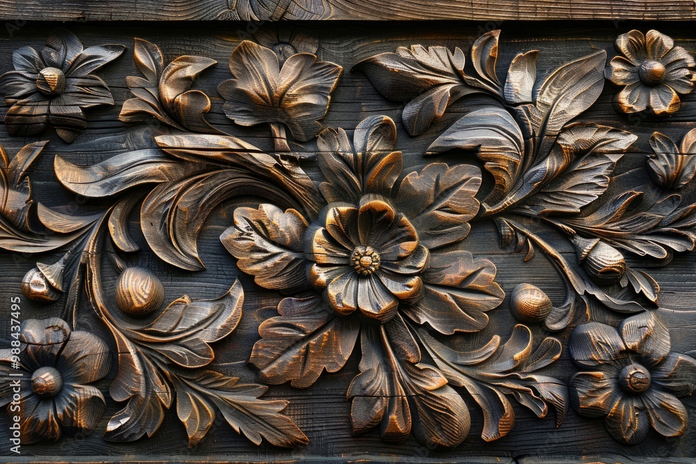 Floral wood carving showing beautiful handcrafted floral design Floral wood carving showing beautiful handcrafted floral design