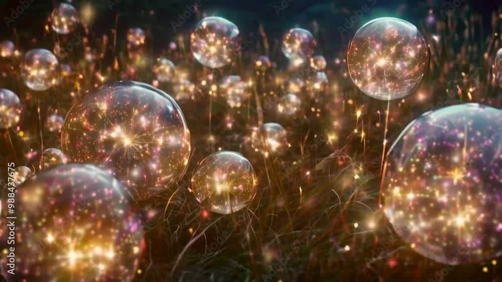 A magical field of glowing bubbles with sparkling lights, creating a whimsical atmosphere. A magical field of glowing bubbles with sparkling lights, creating a whimsical atmosphere.