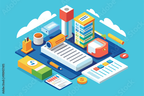 A vibrant isometric illustration of a customizable invoice surrounded by office supplies, financial documents, and modern buildings in a creative workspace.