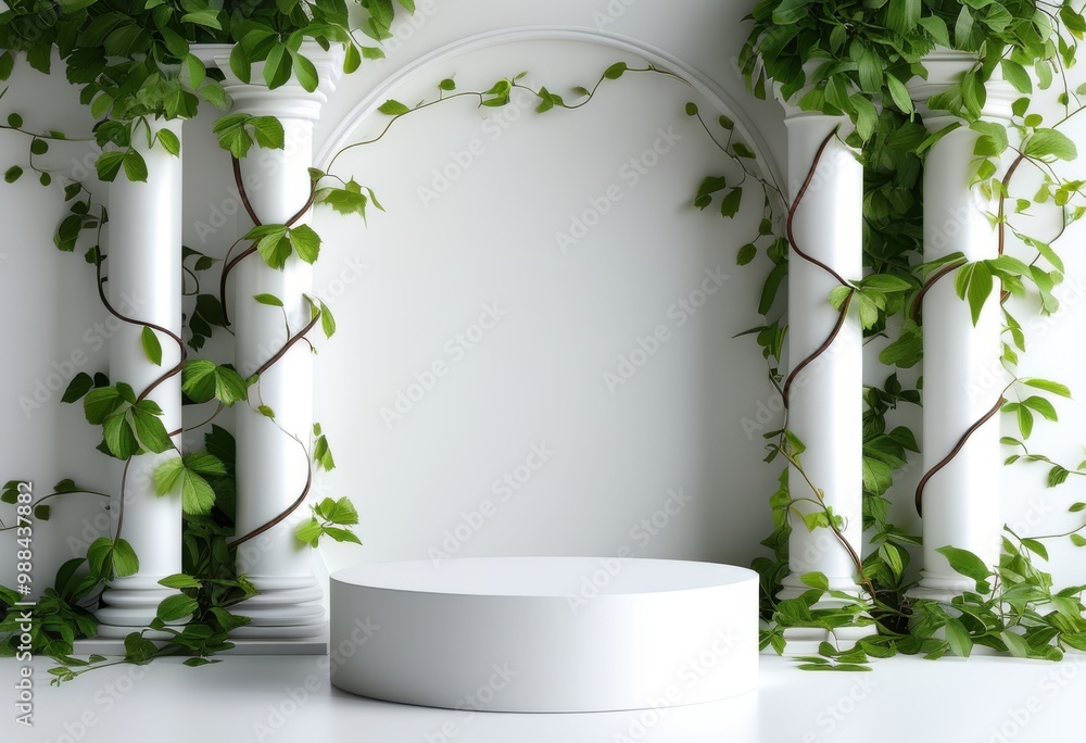 Elegant white arches adorned with lush green climbing vines, creating a serene and minimalist backdrop with soft lighting. Elegant white arches adorned with lush green climbing vines, creating a serene and minimalist backdrop with soft lighting.