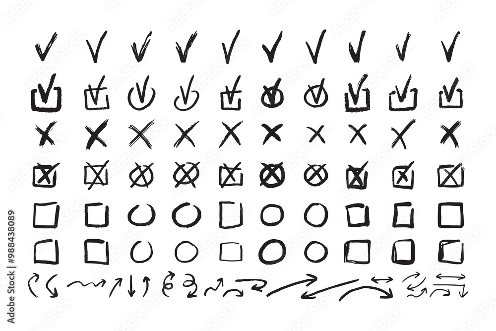 Check marks doodle black line element set, tick and a cross, empty thin box and arrow sign. Grunge hand drawn style Check marks doodle black line element set, tick and a cross, empty thin box and arrow sign. Grunge hand drawn style