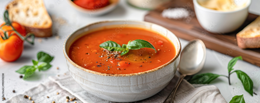 Tomato soup garnished with herbs and olive oil served with slices of fresh bread on a rustic table. Tomato soup garnished with herbs and olive oil served with slices of fresh bread on a rustic table.