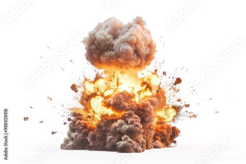 A dramatic scene with a massive explosion of smoke and flames on a white background, suitable for use in action-packed or emergency-themed projects