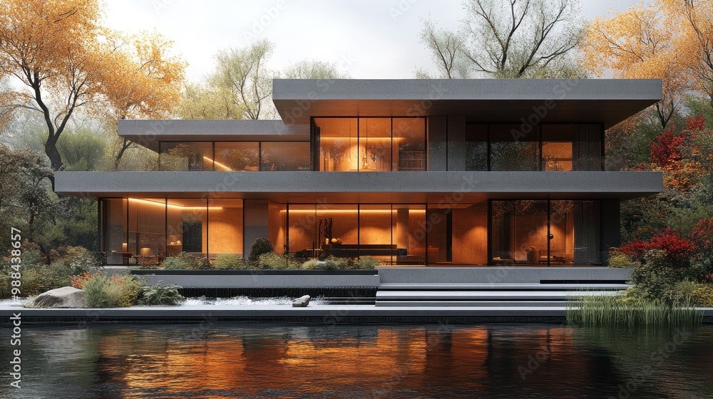 Modern house with large windows, surrounded by autumn foliage and water. Modern house with large windows, surrounded by autumn foliage and water.