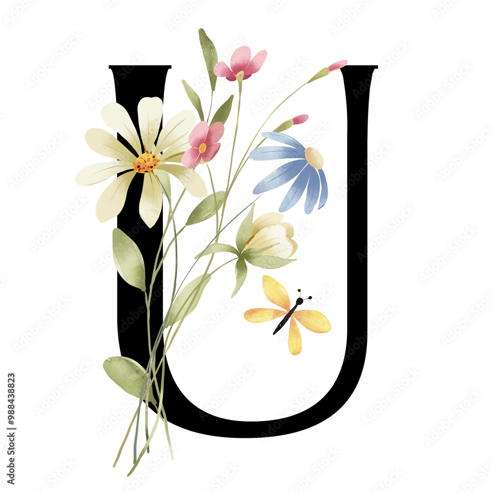 Monogram U, floral letter with watercolor flowers and leaves ...