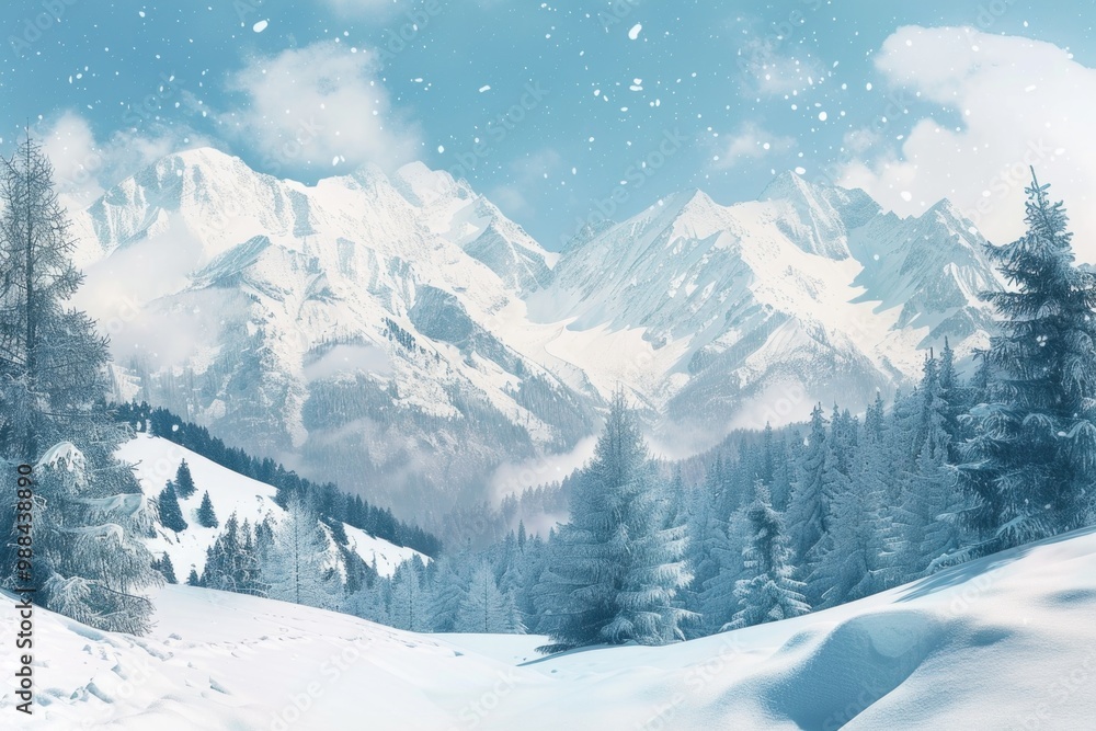 A serene snowy mountain range with dense trees and snow-covered peaks A serene snowy mountain range with dense trees and snow-covered peaks
