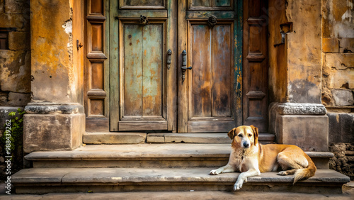 Perro descansando en la entrada de un edificio antiguo, perro, descanso, entrada, edificio, viejo, arquitectura photo