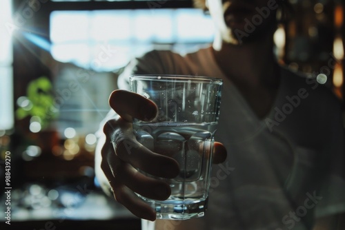 A person grasping a glass of water, perfect for health and wellness illustrations or educational materials photo