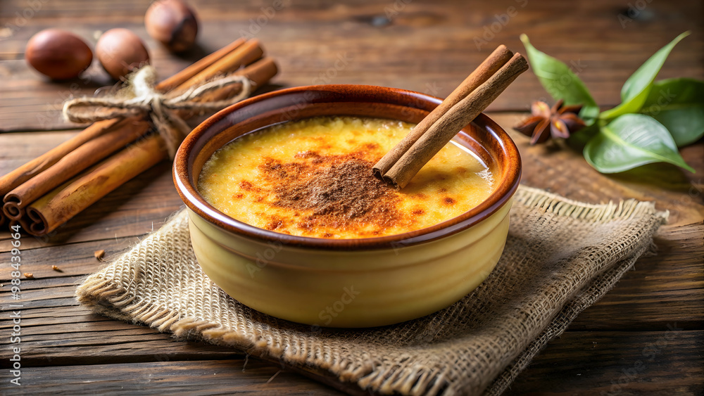 Close-up of Crema catalana in a rustic bowl with cinnamon sticks on the side, crema catalana, dessert, Spanish, custard Close-up of Crema catalana in a rustic bowl with cinnamon sticks on the side, crema catalana, dessert, Spanish, custard