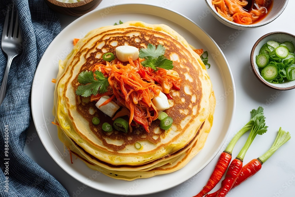 Front View of Tasty Korean Kimchi Pancakes on White Background Front View of Tasty Korean Kimchi Pancakes on White Background