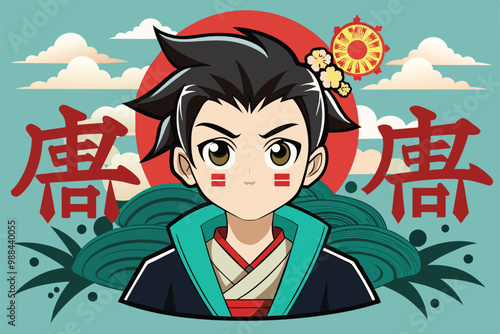 A young male character in traditional attire stands proudly with Japanese calligraphy behind him, set against a serene landscape with stylized clouds.