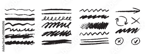 Grunge lines, hand drawn Rough strokes. Texture charcoal or pencil drawing. Crayon scribbles set. 