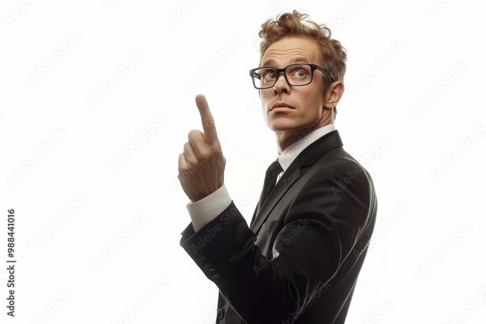 A man in a business suit pointing at an object or person, ideal for use as a professional or corporate image A man in a business suit pointing at an object or person, ideal for use as a professional or corporate image
