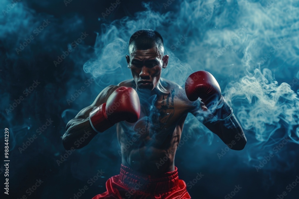 Naklejka premium Boxer training in a smoky atmosphere