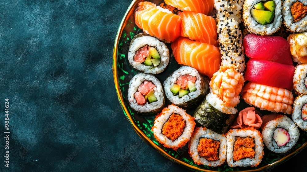 A vibrant sushi platter with various rolls, top view, leaving room for copy space. A vibrant sushi platter with various rolls, top view, leaving room for copy space.