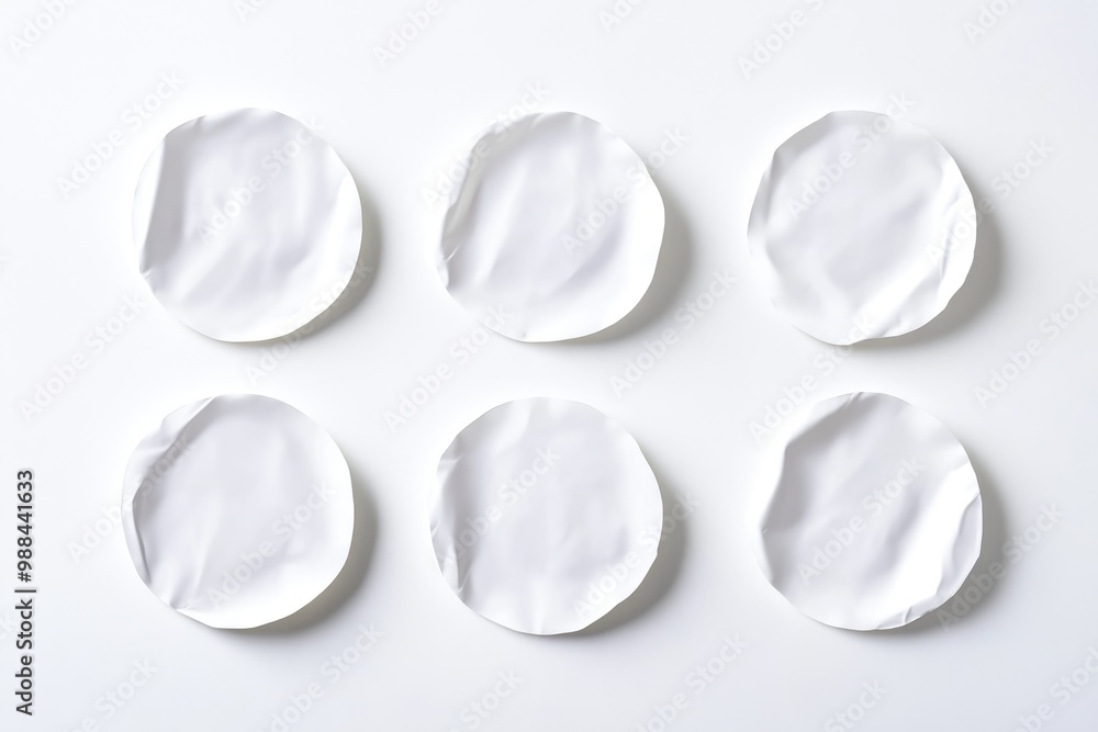 Minimalist Design Concept: Six Crumpled Round White Papers on Clean Surface – Ideal for Print, Card, Poster Minimalist Design Concept: Six Crumpled Round White Papers on Clean Surface – Ideal for Print, Card, Poster