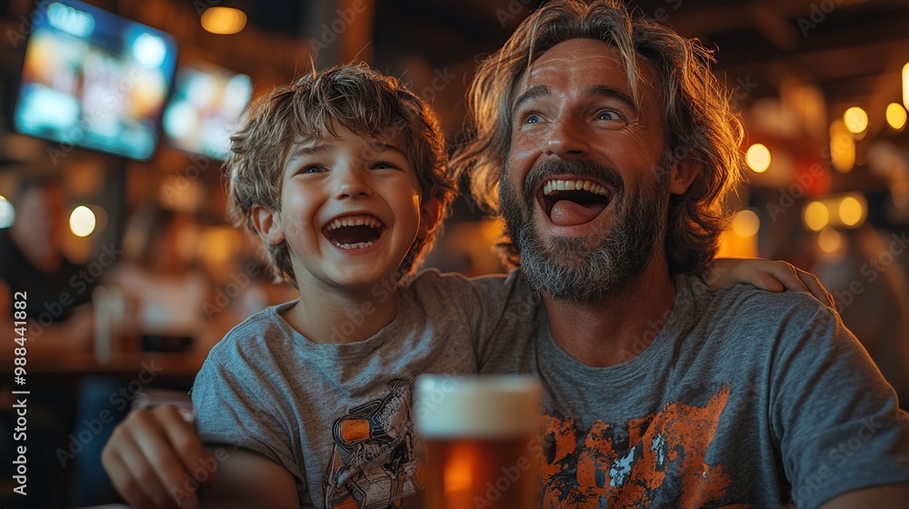 son, father watching football in tv drinking beer, enjoying exciting dramatic match screaming cheering loudly fathers day family, spending time together son, father watching football in tv drinking beer, enjoying exciting dramatic match screaming cheering loudly fathers day family, spending time together