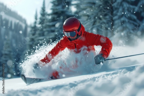 Man skiing down snowy slope with mountains in background