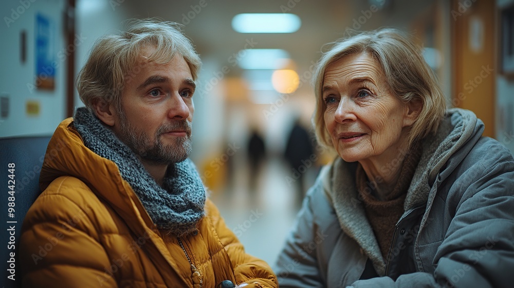 son with senior mother sitting in hospital corridor talking waiting for examination emotional support from family for elderly woman son with senior mother sitting in hospital corridor talking waiting for examination emotional support from family for elderly woman