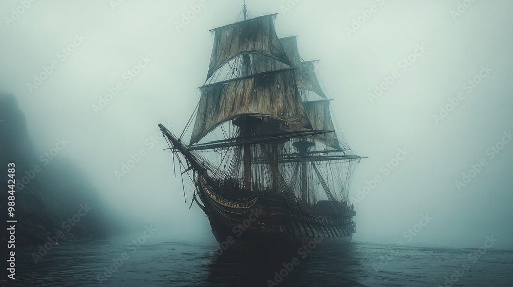 Haunting scene of a tall ship docked in San Diego harbor. Weathered vessel with detailed rigging stands against an overcast sky, exuding history and mystery reminiscent of North America's oldest ships Haunting scene of a tall ship docked in San Diego harbor. Weathered vessel with detailed rigging stands against an overcast sky, exuding history and mystery reminiscent of North America's oldest ships