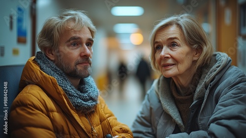 Wallpaper Mural son with senior mother sitting in hospital corridor talking waiting for examination emotional support from family for elderly woman Torontodigital.ca