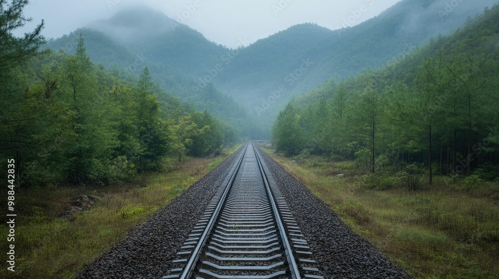 Fototapeta premium An empty train track cutting through a Chinese forest, leaving ample copy space in the surroundings.