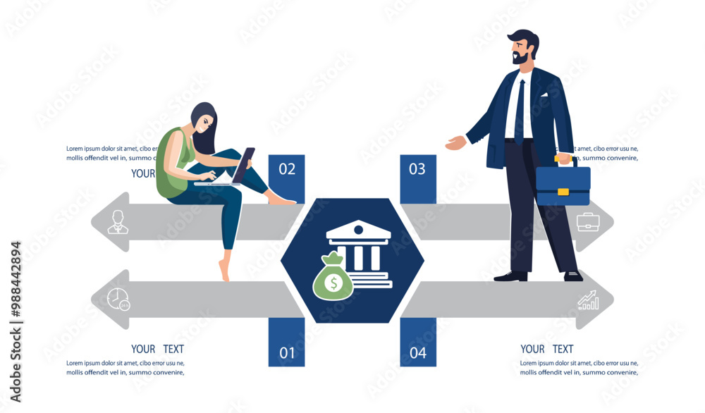 Obraz premium Business people. Businessman with briefcase discussing financial issue with female employee, working on laptop. Statistics, information, icon, infographic, banking, analytics. Vector illustration
