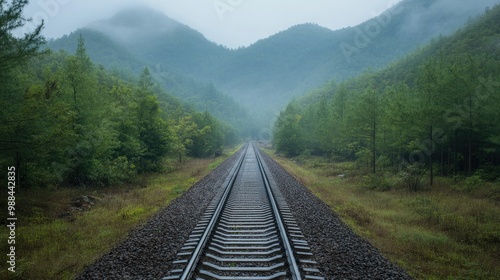 An empty train track cutting through a Chinese forest, leaving ample copy space in the surroundings.