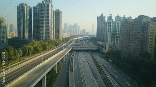 An expressway overpass in China surrounded by skyscrapers, with room for copy space below.