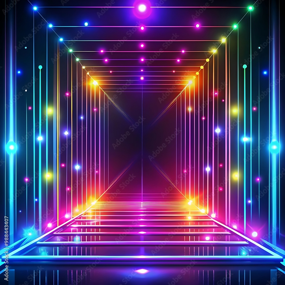 3d technology abstract neon light background, empty space scene, spotlight, dark night, virtual reality, cyber futuristic sci-fi background, street floor studio for mock up. colored geometric. Ai Gen