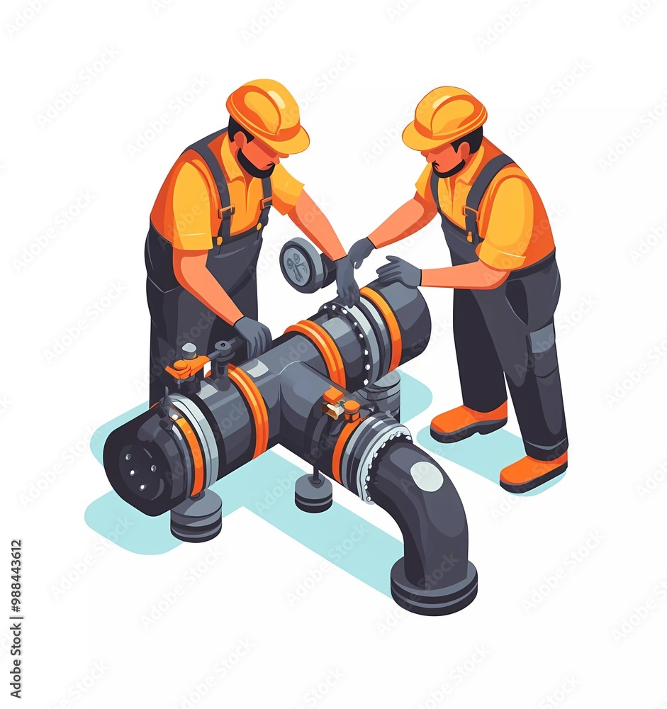 Two oil and gas engineers working on a pipe, isometric view vector illustration on a white background. Two oil and gas engineers working on a pipe, isometric view vector illustration on a white background.