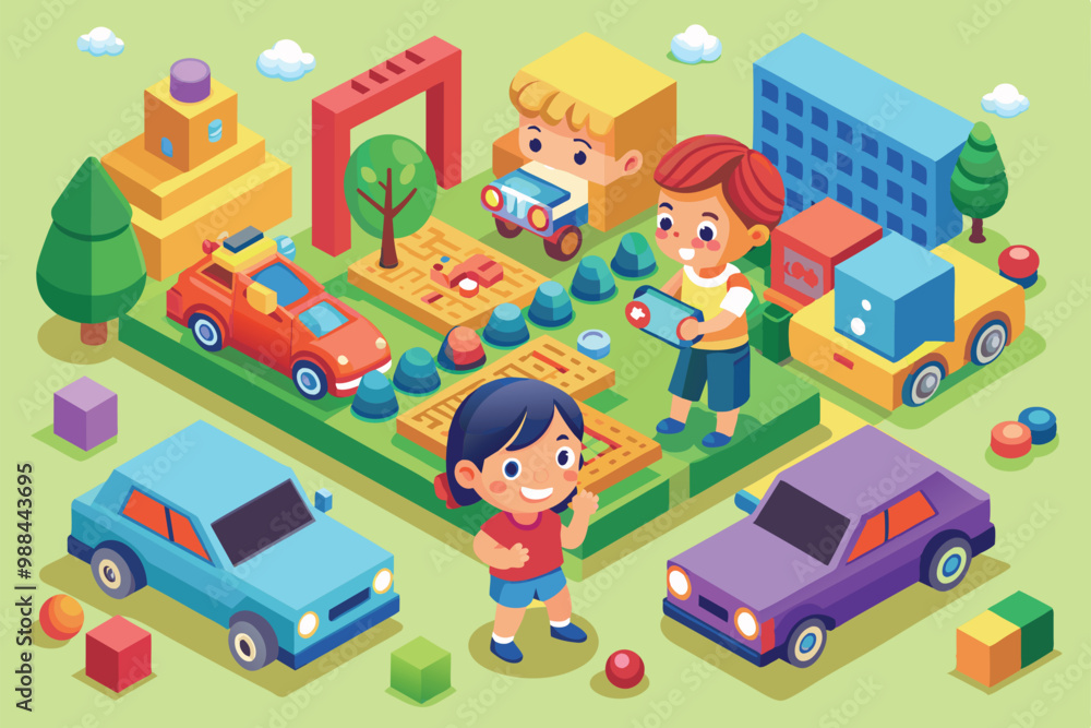 Naklejka premium Kids joyfully interact with bright car toys and build a vibrant landscape filled with trees, blocks, and playful elements under a clear sky.