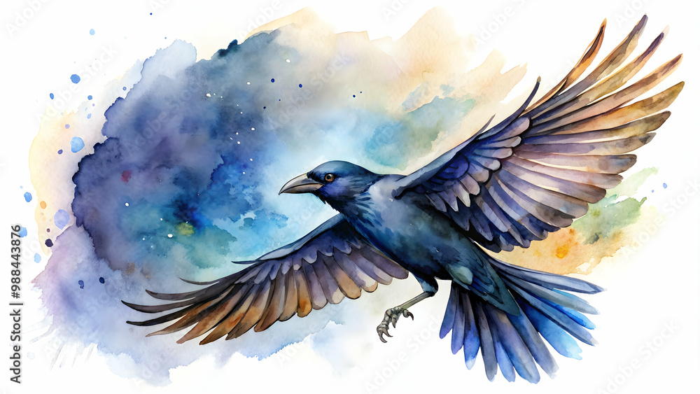Obraz premium Handdrawn Aquarell flying Crow in a watercolor style, capturing the beauty of a graceful bird in nature, crow, flying