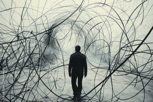 A person stands among a bundle of wires