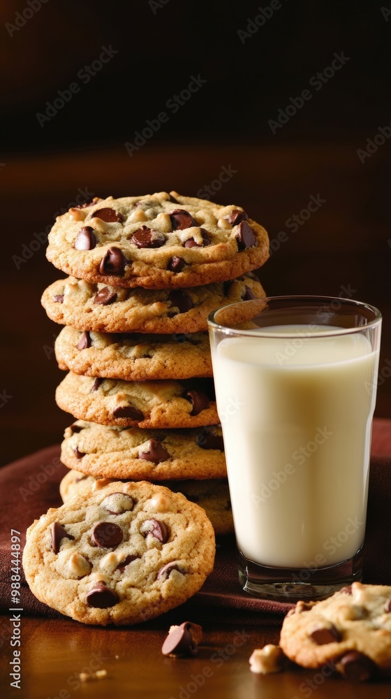 A stack of freshly baked chocolate chip cookies, still warm and gooey, served with a cold glass of milk A stack of freshly baked chocolate chip cookies, still warm and gooey, served with a cold glass of milk
