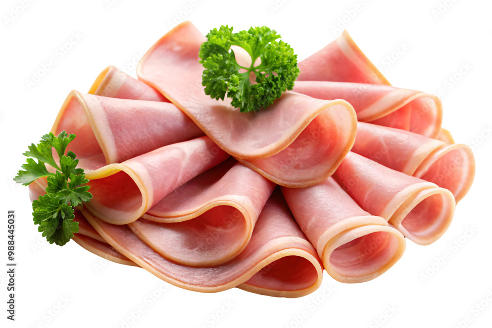 A fan-like arrangement of rolled ham slices, garnished with parsley, creating an appealing, symmetrical display of deli meat, on a transparent background A fan-like arrangement of rolled ham slices, garnished with parsley, creating an appealing, symmetrical display of deli meat, on a transparent background