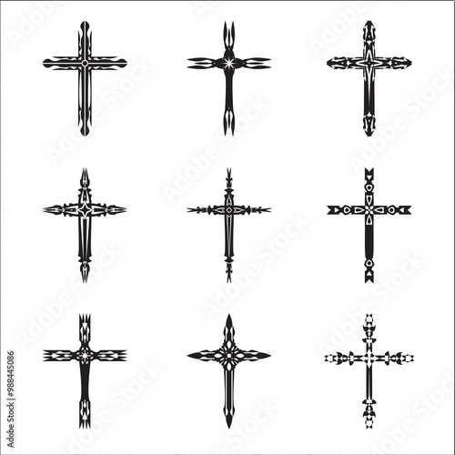 Christian cross vector icon symbols.  Abstract christian religious belief or faith art illustration for orthodox or catholic design. The symbol of the cross in various designs used in tattoo.