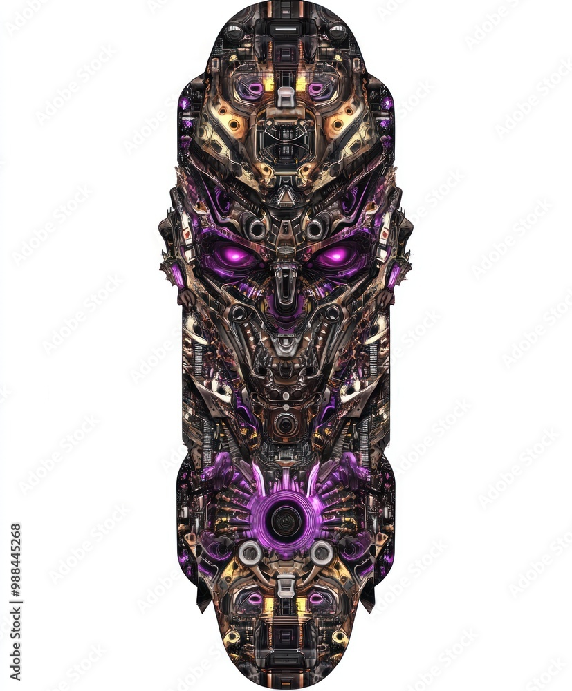 A detailed, intricate illustration of a futuristic, robotic face made up of various gears, cogs, and other mechanical parts. The robot's eyes glow a vibrant purple. A detailed, intricate illustration of a futuristic, robotic face made up of various gears, cogs, and other mechanical parts. The robot's eyes glow a vibrant purple.
