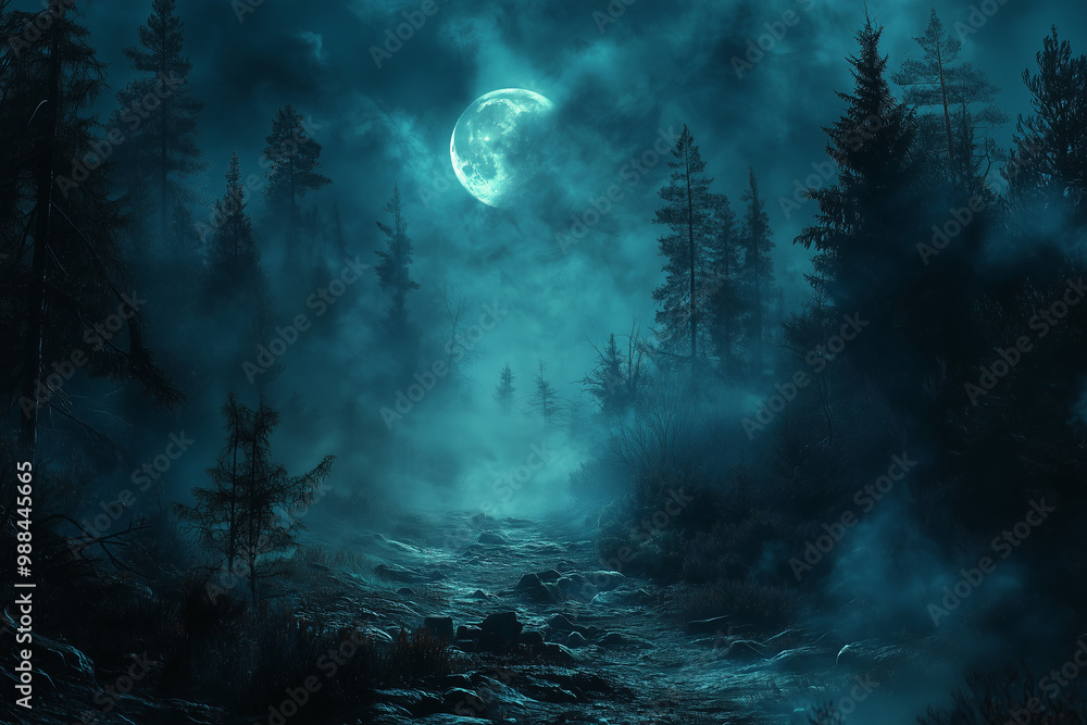 desolate moonlit forest path wrapped in dense mist, where shadows dance between the trees under the eerie glow of the full moon desolate moonlit forest path wrapped in dense mist, where shadows dance between the trees under the eerie glow of the full moon