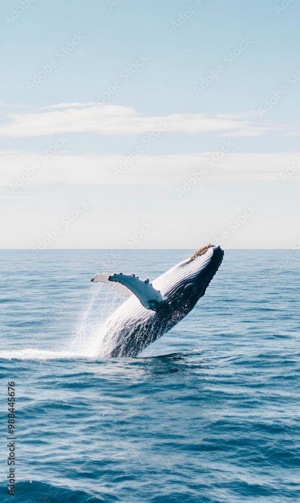 Fototapeta premium huge whale jumping out of water and falling on its back in the ocean, Generative AI