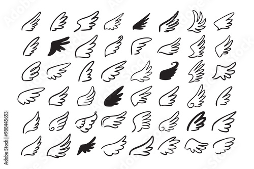 Doodle outline sketch angel wings. Angel feather wing, silhouette. Linear fly winged angels, flying heaven hand drawn doodle vector icons