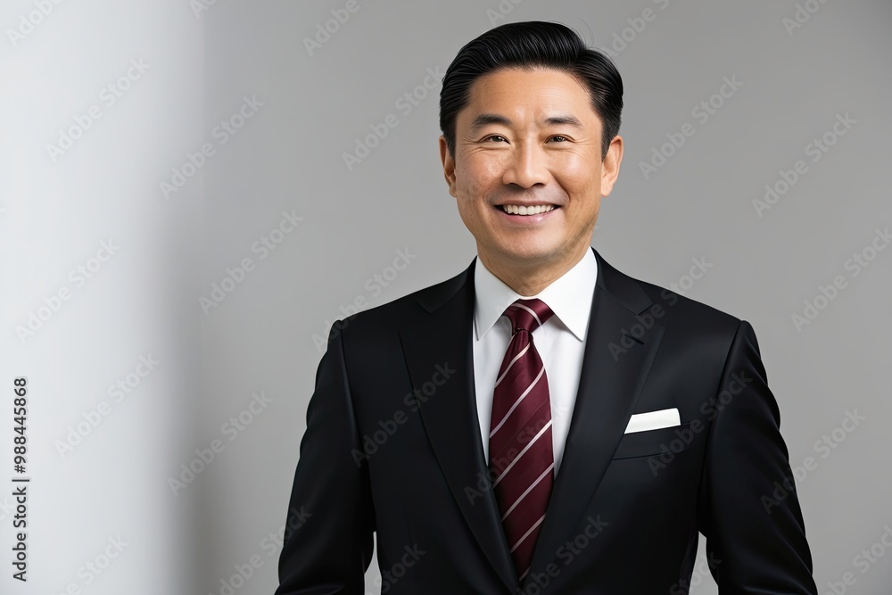 Stylish Asian Man in Black Suit with Burgundy Tie and White Pocket Square Smiling Against White Background Stylish Asian Man in Black Suit with Burgundy Tie and White Pocket Square Smiling Against White Background