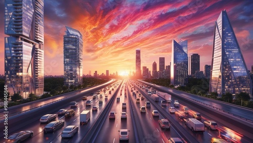 A busy urban highway at sunset, with tall skyscrapers on either side and the city skyline glowing in the distance under a colorful sky photo