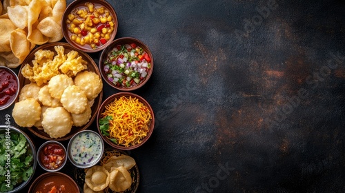 Indian street food set with pani puri, bhel puri, and chutneys, top view with copy space.