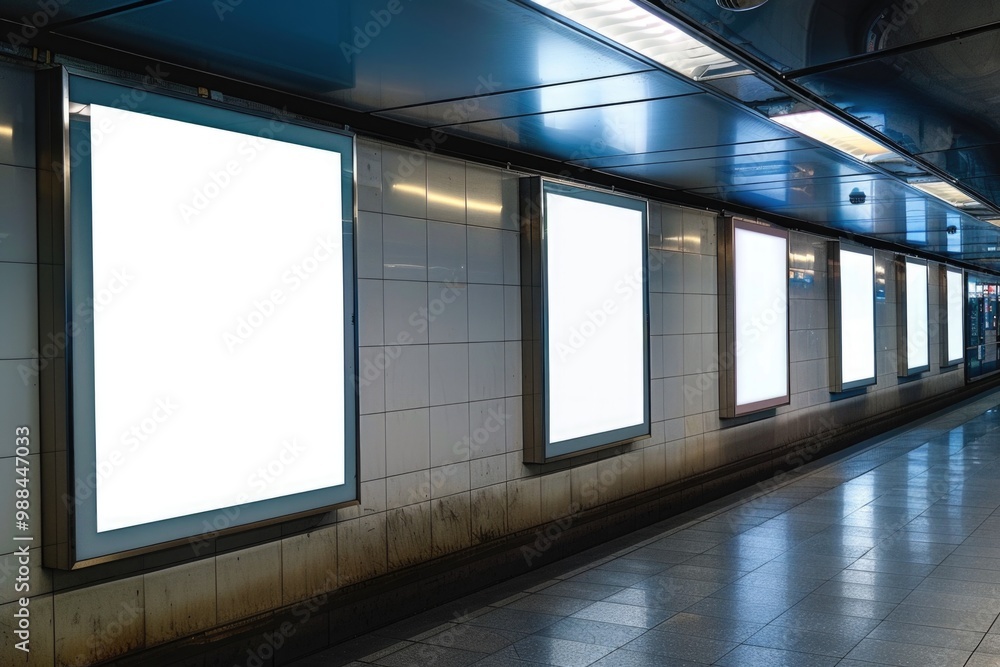 A vacant subway platform with empty billboards, suitable for use in urban or modern themed projects A vacant subway platform with empty billboards, suitable for use in urban or modern themed projects
