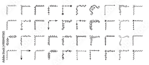 Doodle hand drawn corner border set with different shapes. Flourish, flower decoration. Isolated vector illustration for wedding, greeting banner design. sketch style Corners drawn by brush, pen.